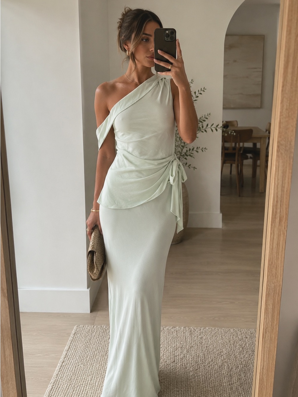 One-Shoulder Mint Green Maxi Dress with Side Tie